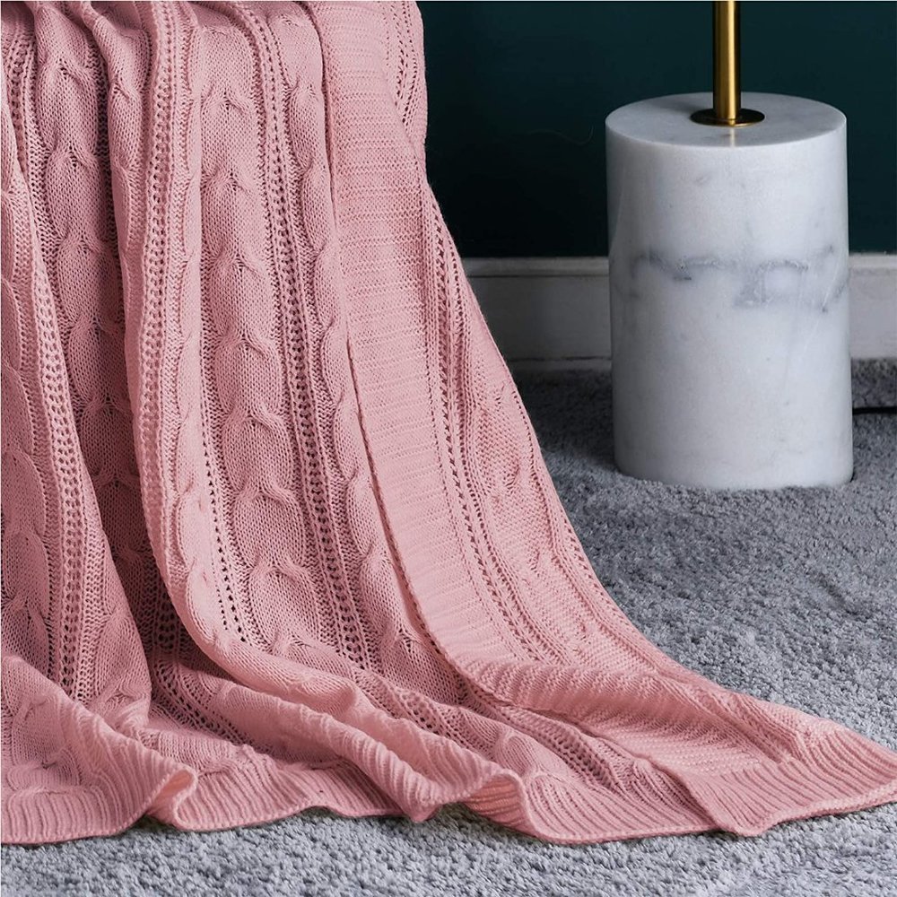 Pink Cozy Knit Cable Knit Weave Pattern Decorative Bed Warm Accent Couch Blanket - Picture 3 of 8